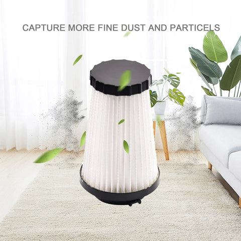 Dirt Devil F2 Vacuum Filter Replacement HEPA, Easy Fit 4 Pack in a living room setting showing dust capture efficiency