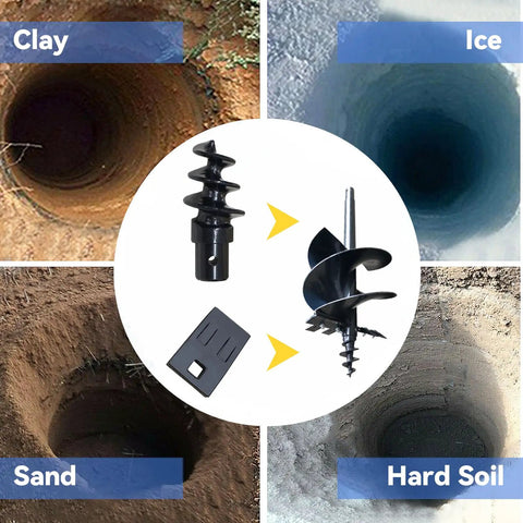 4 Pack 3 Point Auger Cutting Edges Wedges For Heavy Duty Post Hole Digger Drills shown with holes in clay, ice, sand, and hard soil