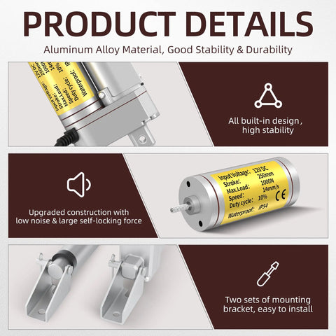 Beefy 12V High Speed Electric Linear Actuator Waterproof 10 Inch Stroke 1000N 220Lbs Load Aluminum Alloy Build Details