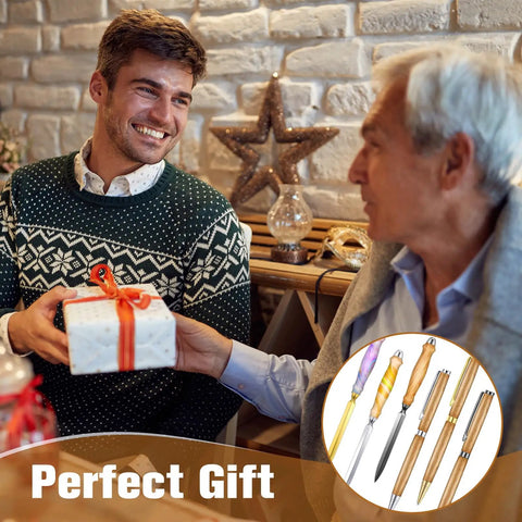 Six Piece Tight 7mm Woodcraft Kit Featuring Letter Openers And Slim Pen Tools For Envelope Slitting Plus Paper Mail Openers Fresh Handmade DIY Gear For Guys And Holiday Giving, shown as a gift being exchanged.