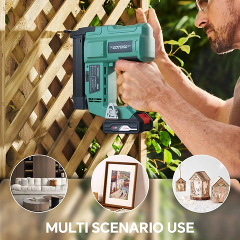 User holding Total Game Changer 20V Cordless Brad Nailer And Electric Staple Gun Kit applying it on wood lattice outdoors.