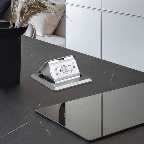 Pop Up Floor Outlet With 20 Amp GFCI, Stainless Steel Recessed Floor Box in countertop, open view with flip up cover.