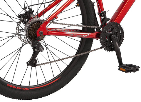 Close-up of Flatrock DX Mountain Bike With 29 Inch Wheels 21 Speed Drivetrain Aluminum Frame Front Suspension Twist Shifters