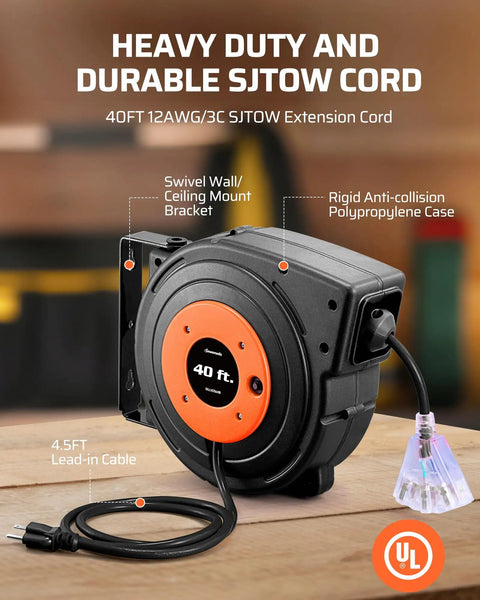 Heavy duty retractable extension cord reel with 40 ft heavy duty 12 AWG SJTOW cord, 3 grounded outlets and lighted triple tap