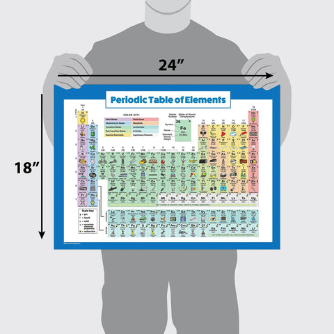 Person holding Laminated 18x24 Periodic Table Poster For Kids, Kid Friendly Chemistry Chart For Classroom Or Home, Tear Resistant 3 Mil Lamination.