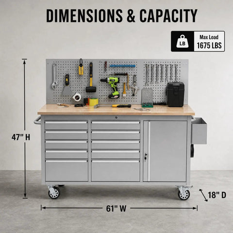 Heavy Duty Rolling Tool Chest With Ball Bearing Slides And Rock Solid Steel Workbench Storage Rack dimensions with tools and workspace.