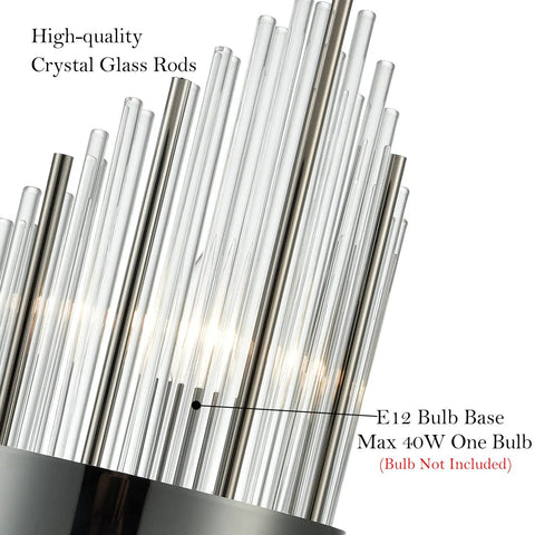 Close-up of Two Light Modern Titanium Black Crystal Wall Sconces Set Of Two With Clear Glass Rods For Bath Hallway And Bedroom Lighting Blingy Contemporary Accent Fixtures, showing high-quality crystal glass rods and E12 bulb base.