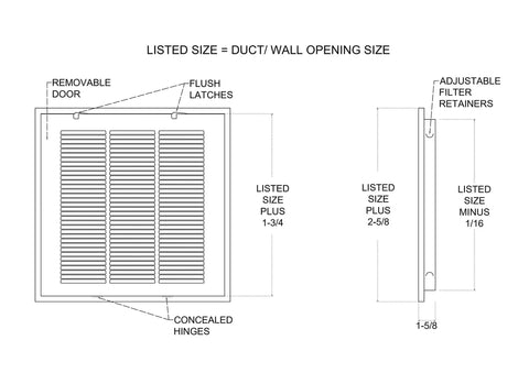 Diagram of 12x12 Steel Return Air Grille With Removable Door For 1 Inch Filters White HVAC Vent Cover dimensions and features.