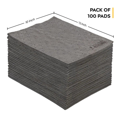 Heavy Duty Universal Absorbent Pads 10 X 13 Inch 100 Pack stacked for workshop spill cleanup.
