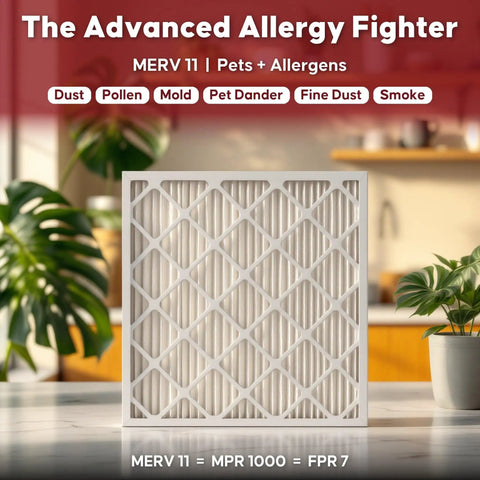 MERV 11 Pleated Air Filter for 1 Inch HVAC Slots, 21.5 x 23.3125 x 0.75 Inches, displayed on a table with plants