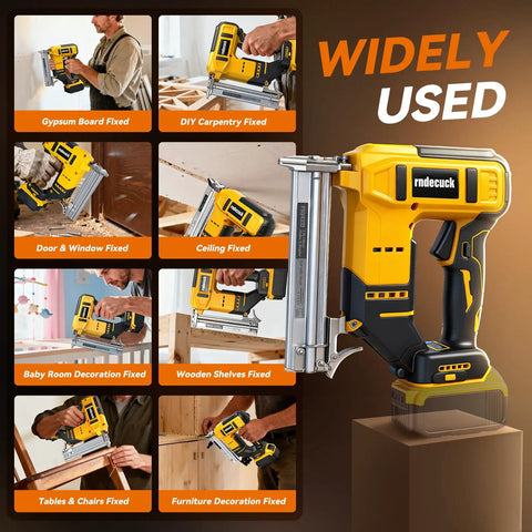 Brushless Cordless Brad Nailer Compatible With Dewalt 20V Max Battery 18 Gauge Power Tool used for various DIY carpentry tasks.