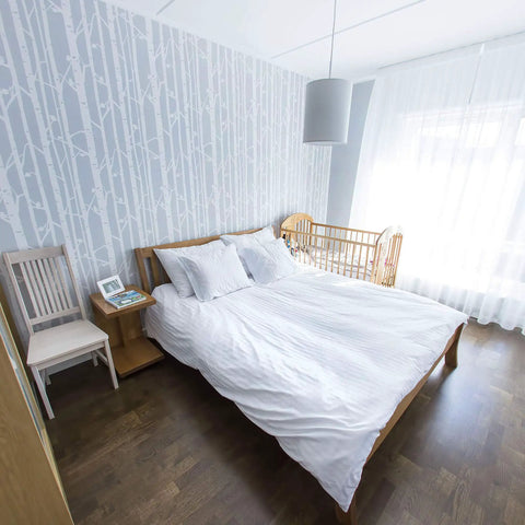 Bedroom with Birch Forest Wall Stencil XL 24x37 In for large pattern painting, featuring seamless edges, modern boho decor