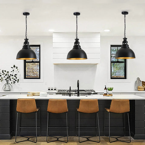 Farmhouse Pendant Light 13.77 Inch Matte Black With Gold Interior Vintage Industrial Ceiling Fixture over kitchen island