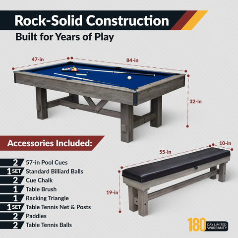 7 Foot Pool Table Combo With Benches Table Tennis And Dining Tops Billiards Set Ping Pong Ready Built In Storage Complete Game Accessories Rustic Gray Barnwood Finish With Blue Felt For Family Fun And Game Night Ready