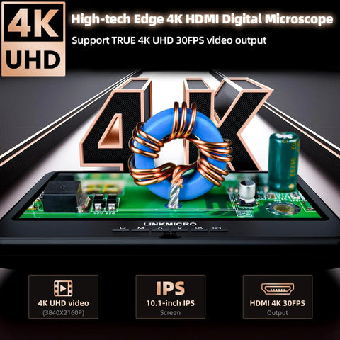 4K 30FPS HDMI Digital Microscope With 10.1 Inch Screen And Flexible Arm Stand For Electronics Soldering