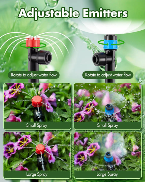 Adjustable emitters of 240 Feet Drip Irrigation System Kit For Automatic Garden Watering With Half Inch And Quarter Inch Tubing Hose