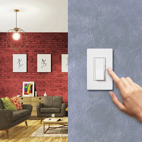Hand reaching for Diva Electronic Low Voltage Dimmer 300W Single Pole Paddle Switch With Small Slide Dimmer White Finish