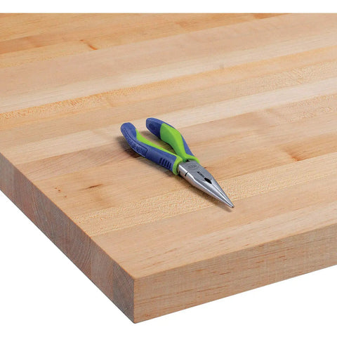 Heavy Duty 72 Inch Dual Pedestal Workbench Straight Up Built Tough With Solid Welded Steel Frame And One Three Quarter Maple Top features a pliers on maple top.
