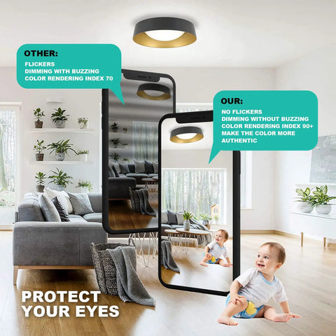 Living room with Ultra Bright LED Flush Mount Ceiling Light 26W 1800 Lumens Dimmable, emphasizing no flicker and color accuracy.