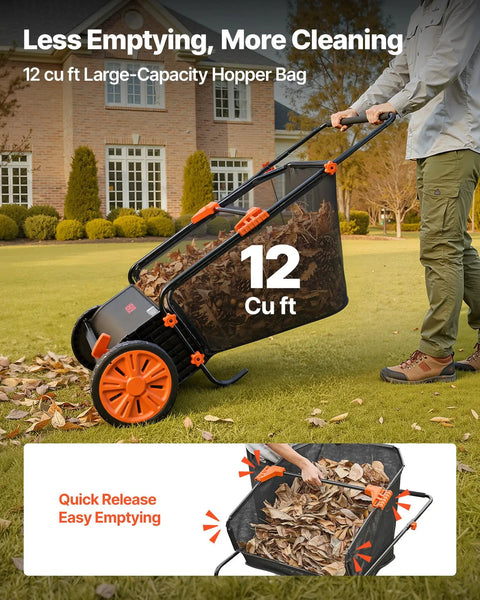 Heavy Duty Push Lawn Sweeper With 30 Inch Wide Broom And 12 Cubic Foot Hopper Bag gathering leaves in a 12 cu ft bag with easy release feature.