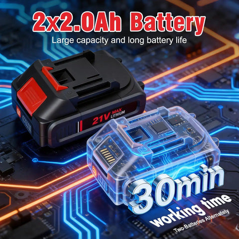 21V Cordless Weed Wacker And Edger Kit battery system showing two 2Ah batteries with circuit board background