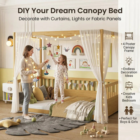 Twin Size Canopy Bed Frame With Four Posters And High Guardrails For Kids Montessori Floor Bed Natural Wood Kid Friendly Cozy Canopy For Boys And Girls Safe Sleep Space With Curtains Lights And Fabric Panels, shown in a children's bedroom