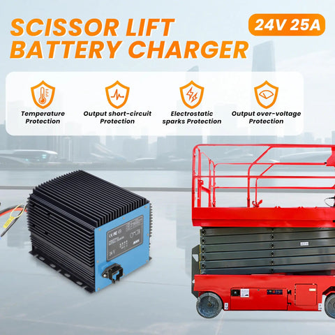 Top Shelf Heavy Duty 24 Volt 25 Amp Automatic Battery Charger For Scissor Lifts shown with safety features and scissor lift.