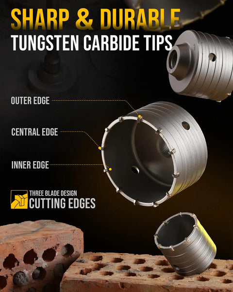 Professional 15 Piece Concrete Hole Saw Kit with Tungsten Carbide tips, alloy steel blades, and cutting edges for concrete and brick