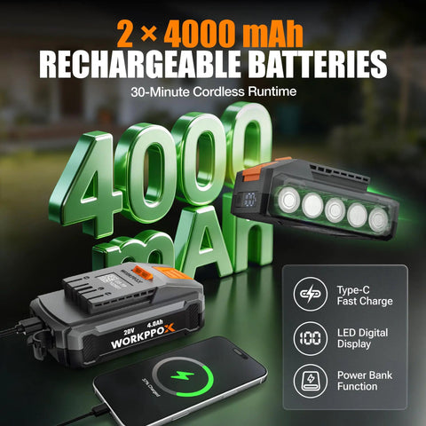 Image of 2x 4000mAh rechargeable batteries with Type-C fast charge and power bank function, displayed with phone charging indicator.