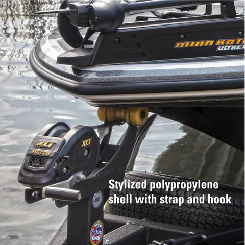 Boat Trailer Winch 1800 Lb Capacity with 20 Ft Winch Strap and Hook in use on a boat trailer, seen in close-up view