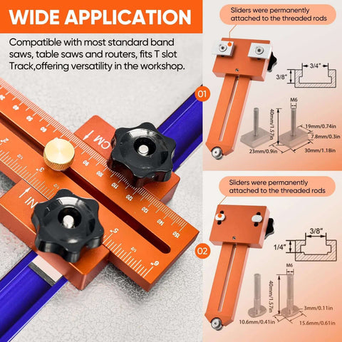 Front view of orange Thin Rip Jig with black knobs and ruler for narrow-strip table saw ripping.