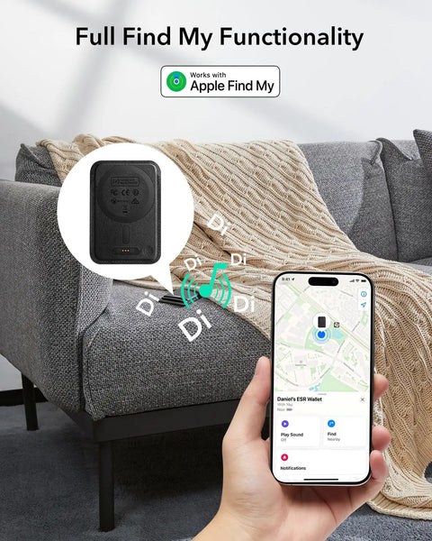 iPhone showing full Find My tracking for MagSafe Wallet with real-time location and alerts on a gray couch with knitted blanket.