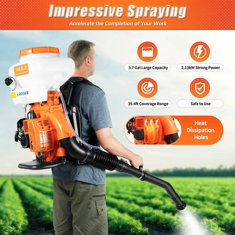 Man using Three In One Backpack Sprayer For Garden And Agriculture Gasoline Powered Mist Duster Blower With 14L Tank 7500 RPM