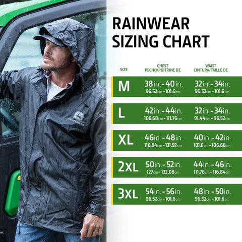 Unisex ANSI Class III High Visibility Rain Suit Jacket And Bib Set With Color Block Design Water Resistant Reflective 3M Tape Yellow And Black Heavy Duty Workwear For Construction And Outdoor Jobs Large shown with sizing chart and rain-wetted person in black rain jacket