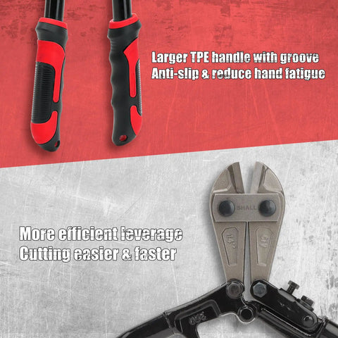 Close-up of Beefy 3 Piece Bolt Cutter Set ergonomic red and black handles and blade detail emphasizing easy leverage.