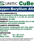 Copper-Beryllium alloy specifications and safety information, highlighting non-magnetic properties and zone compatibility guidelines.