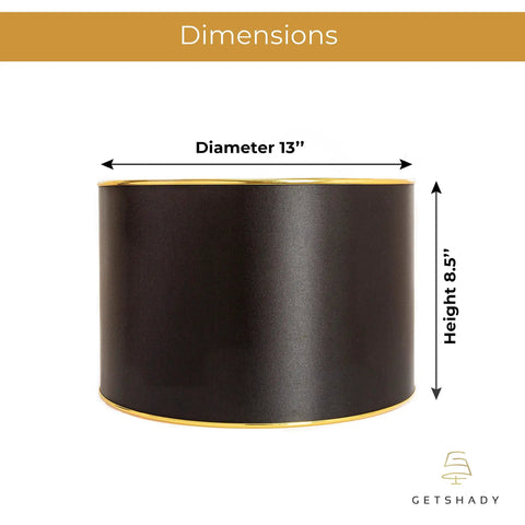 Dimensions of Dope Black Drum Lampshade With Spider Fitter And Harp Compatibility, 13 Inch Diameter And 8.5 Inch Height
