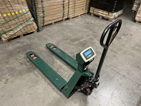 Industrial Grade Heavy Duty 2500 Lb Digital Pallet Jack Scale With Slick Low Profile Build, showing digital display and steel frame.