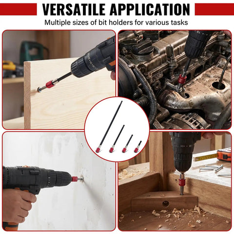 Magnetic Drill Bit Extension Set Four Piece Kit with 2 in, 4 in, 6 in, 12 in lengths shown in various uses and applications.