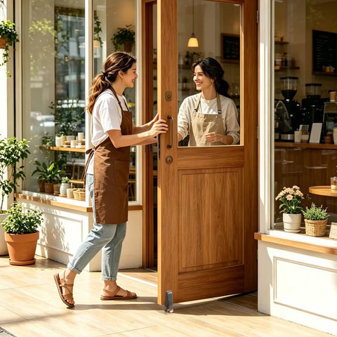 Heavy Duty Gate Wheel Replacement To Fix Saggy Wooden Doors Quiet Rolling Bearing shown on storefront door with smiling women.