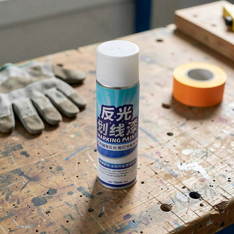 Zerodeko Pavement Striping Paint, Reflective Night Road Visibility Spray can with marking paint label on workbench.