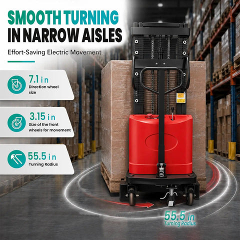 Heavy Duty Electric Pallet Jack Forklift Stacker With 3500 Lbs Capacity And Deep Lift Features demonstrating smooth turning in narrow aisles.
