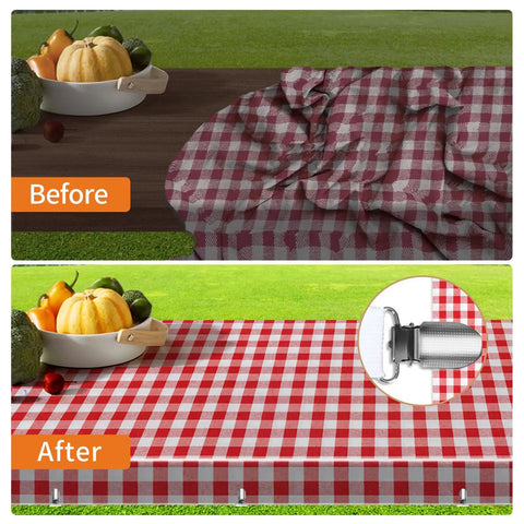 Before and after using Hidden Strap Tablecloth Clips 5 Pack Adjustable Elasticity Large Clamps For Thick Tables Indoor Outdoor Use Picnic Camping RV Party Restaurant Barbecue White