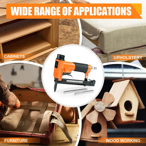 Pro-Grade 22 Gauge Pneumatic Upholstery Stapler With Long Nose Reach showcased with applications in cabinets, upholstery, furniture, and woodworking.