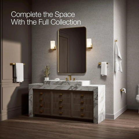 Bathroom with Honesty 18 Inch Towel Bar in Vibrant Brushed Moderne Brass next to modern sink and mirror