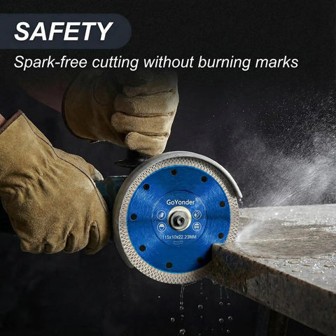 Heavy Duty 4.5 Inch Diamond Tile Blade Delivers Dope Precision Cuts On Porcelain Granite And Marble With Slick Wet Or Dry Grind Operation Rock Solid Dual Arbor Fit Pro Quality Upgrade in action, cutting stone.