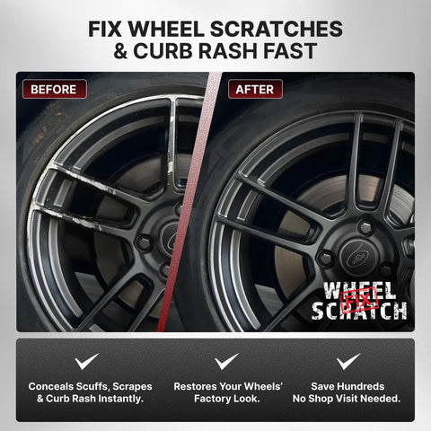 Snatch These Bold Anthracite And Dark Gray Rim Touch Up Paint Pens For Hella Quick Wheel Scratch Repair On Alloy Rigs With Super Slick Matte Finish Restoration, before and after wheel scratch repair comparison.