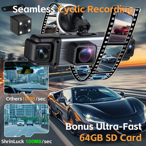 All Around 360 Degree Dash Cam With Front Rear Inside And Side Lenses, 4K Front And Three 1080P Feeds shown with scenic drive backdrop