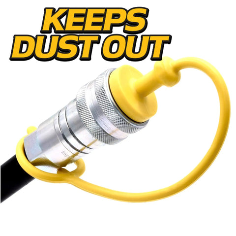 Close-up of 8 Pack Hydraulic Quick Coupler Dust Cap And Plug Set For Quarter Inch ISO Fittings On Kubota LA Series Tractors