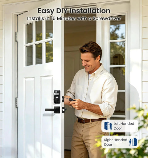 Heavy Duty Keyless Entry Deadbolt Lock Paired With Smooth Lever Handle Set In Matte Black Touchscreen Security Keypad For Front Door installation tutorial with a man using a screwdriver.